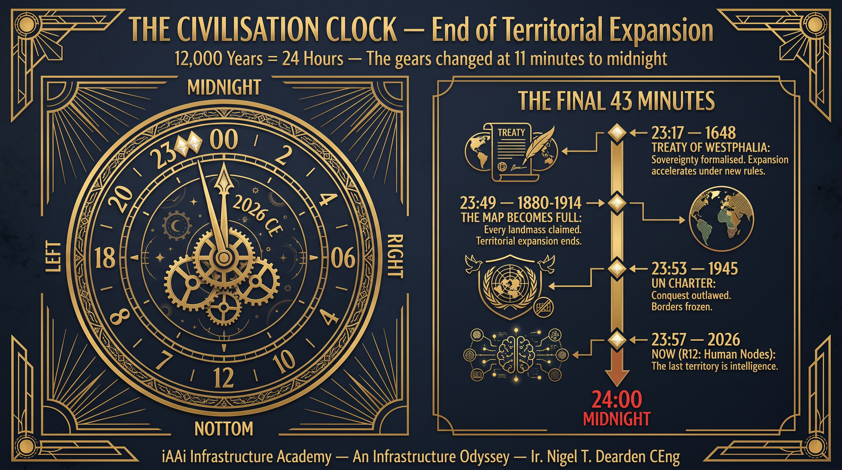 The Civilisation Clock — End of Territorial Expansion: 12,000 Years = 24 Hours