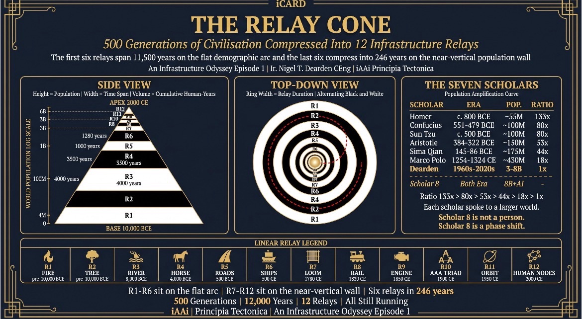 The Relay Cone — 500 Generations of Civilisation Compressed into 12 Infrastructure Relays